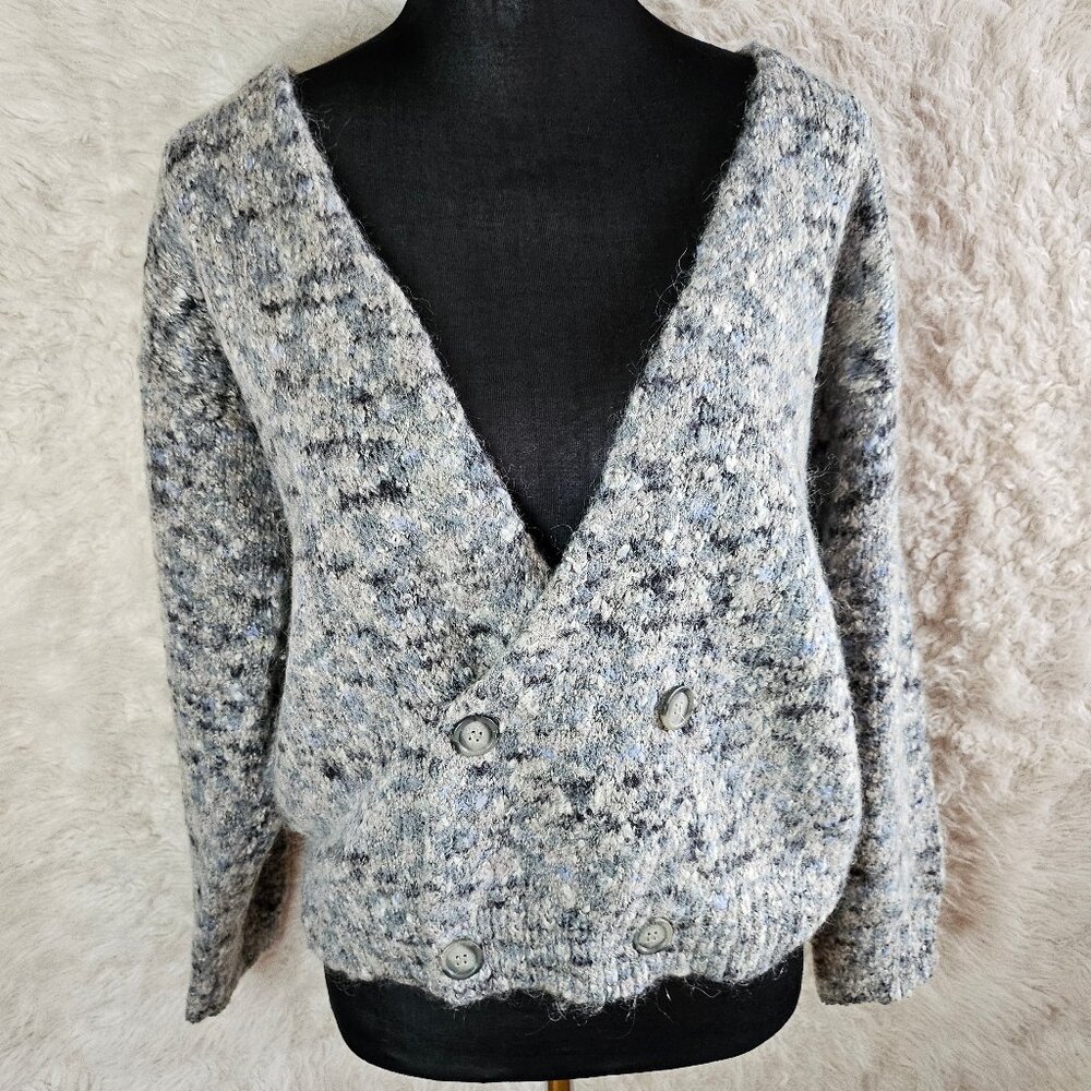 Vintage Cleo Petites Women's Gray Mohair Blend Knit Cardigan Sweater Size M